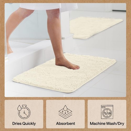 GORILLA GRIP Bath Rug Mat - Thick Soft Absorbent Chenille | Quick-Dry Microfiber, 24x17, Ivory