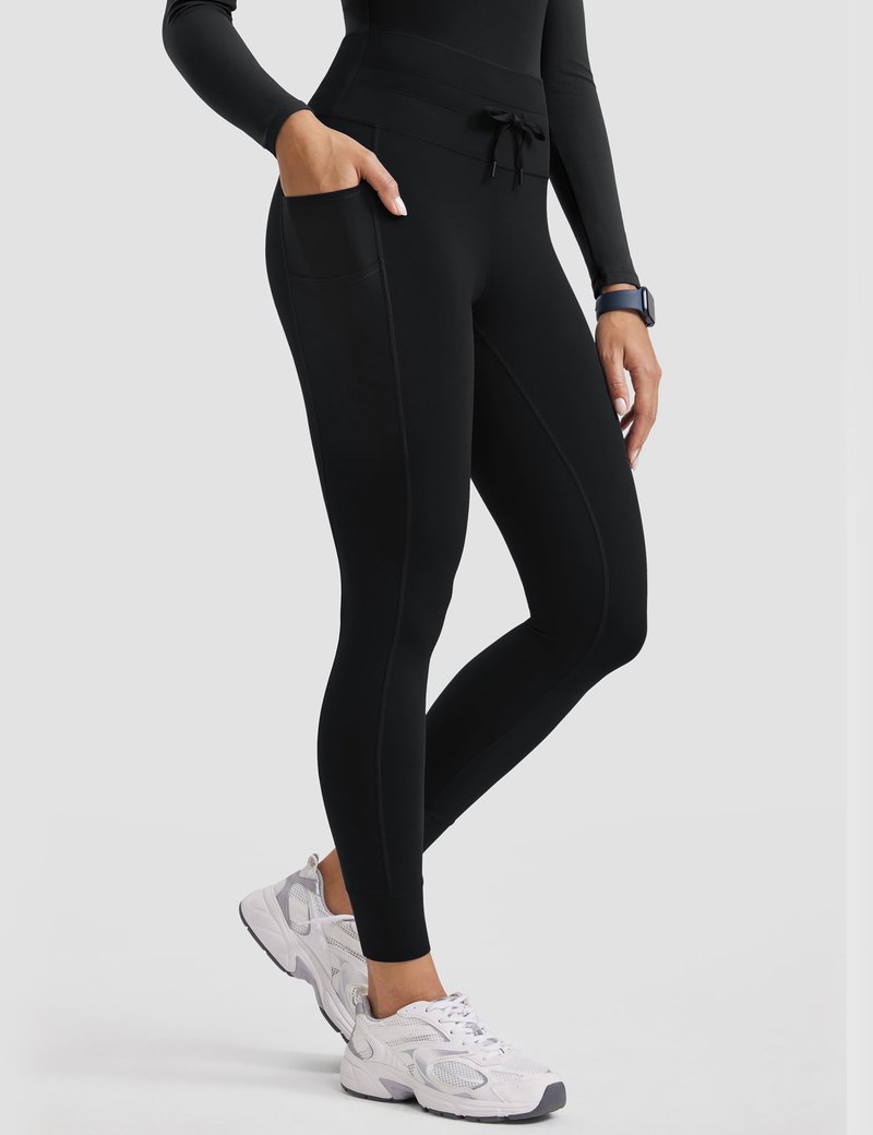POPVIOLET Womens High Waisted Scrub Leggings 25" - 5 Pockets Drawstring Yoga Scrub Pants Medical Bottoms Stretch Soft Black Small