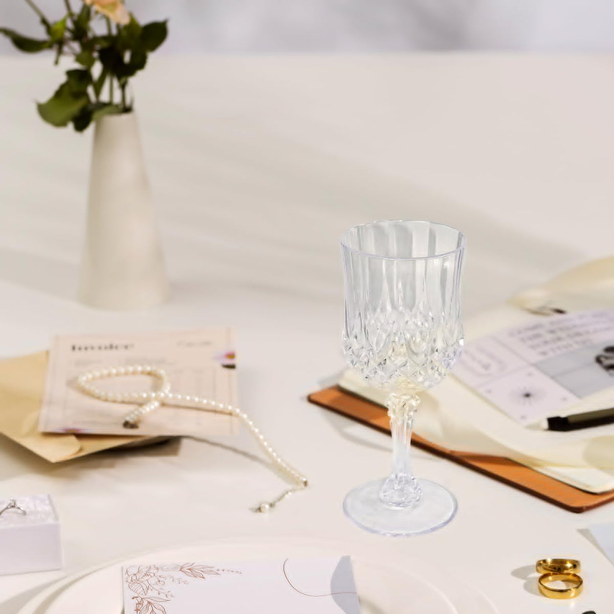 CHLJAR 7oz Plastic Vintage Drinking Glasses Wine Glasses Vintage Champagne Flutes Unbreakable Wedding Glassware Crystal Water Goblets Reusable Drinkware (Clear, 12 PCS)