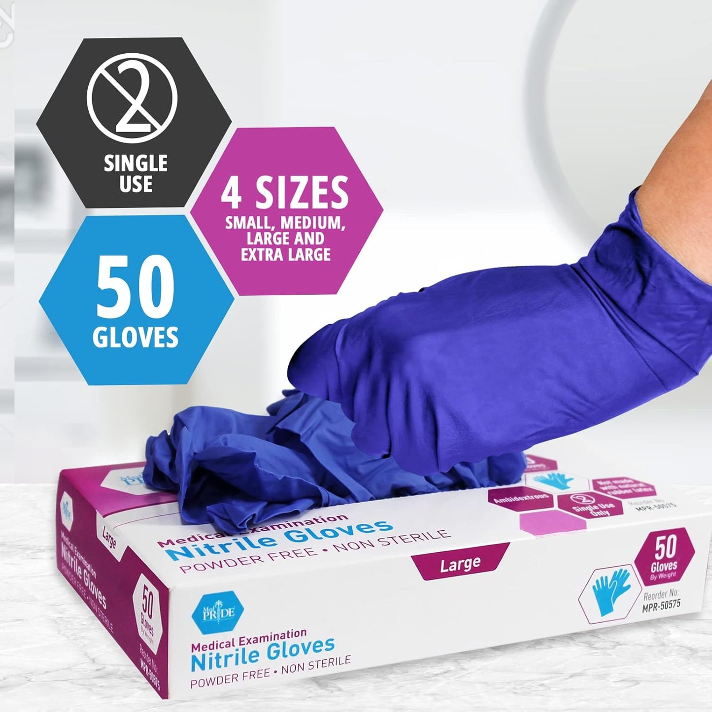 Med Pride Nitrile Medical Exam Gloves - Disposable, Powder & Latex-Free for Doctors, Nurses, Home Use