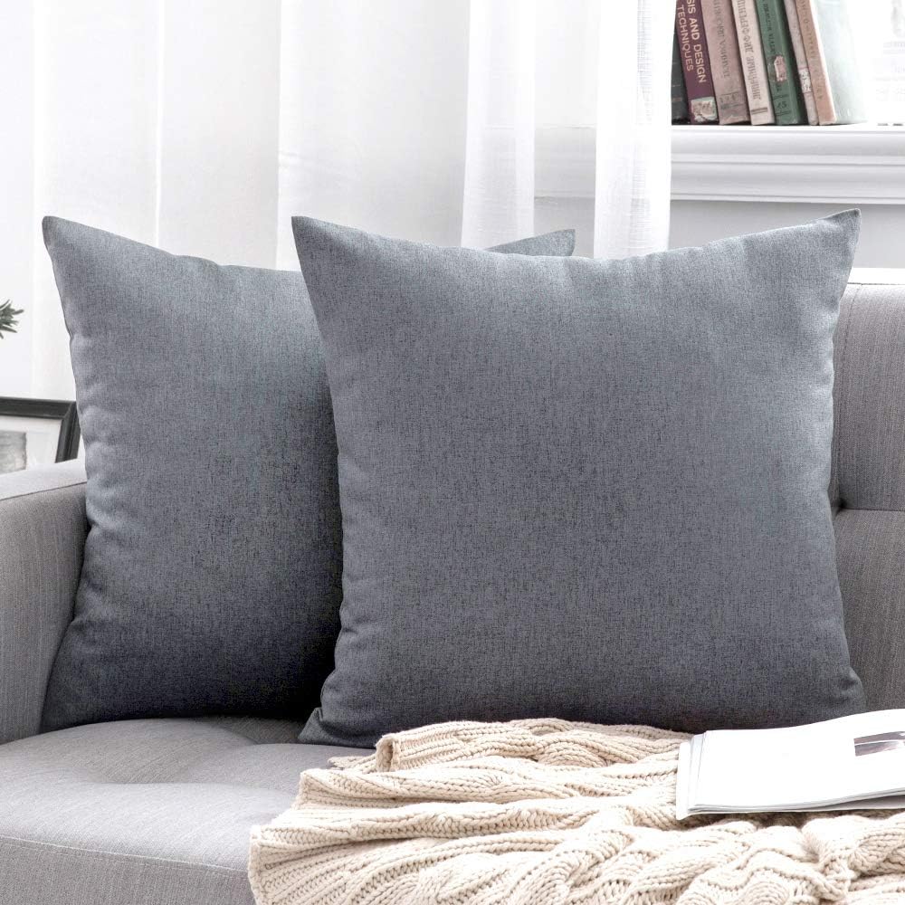 MIULEE Decorative Outdoor Throw Pillow Covers - Waterproof Faux Linen Euro Sham | 24x24 Inch Dark Grey (Pack of 2)