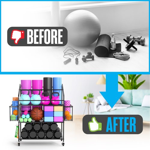 Houseables Workout Equipment Storage, Exercise Equipment Storage, Home Gym Organizer, Weight Rack for Home Gym, Kettlebell Rack, Weight Dumbbell Holder Cart, Yoga Organization Shelf, Rolling, 3 Tier