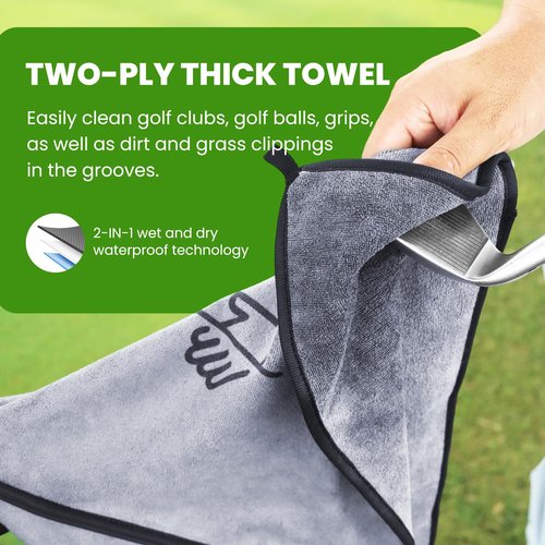 EWILLING Premium Microfiber Golf Towel (14"x14"), Dual Layer Design with Carabiner Clip, Heavy Duty Golf Towel for Cleaning Golf Clubs & Balls, Essential Golf Accessories for Men & Women(Grey)