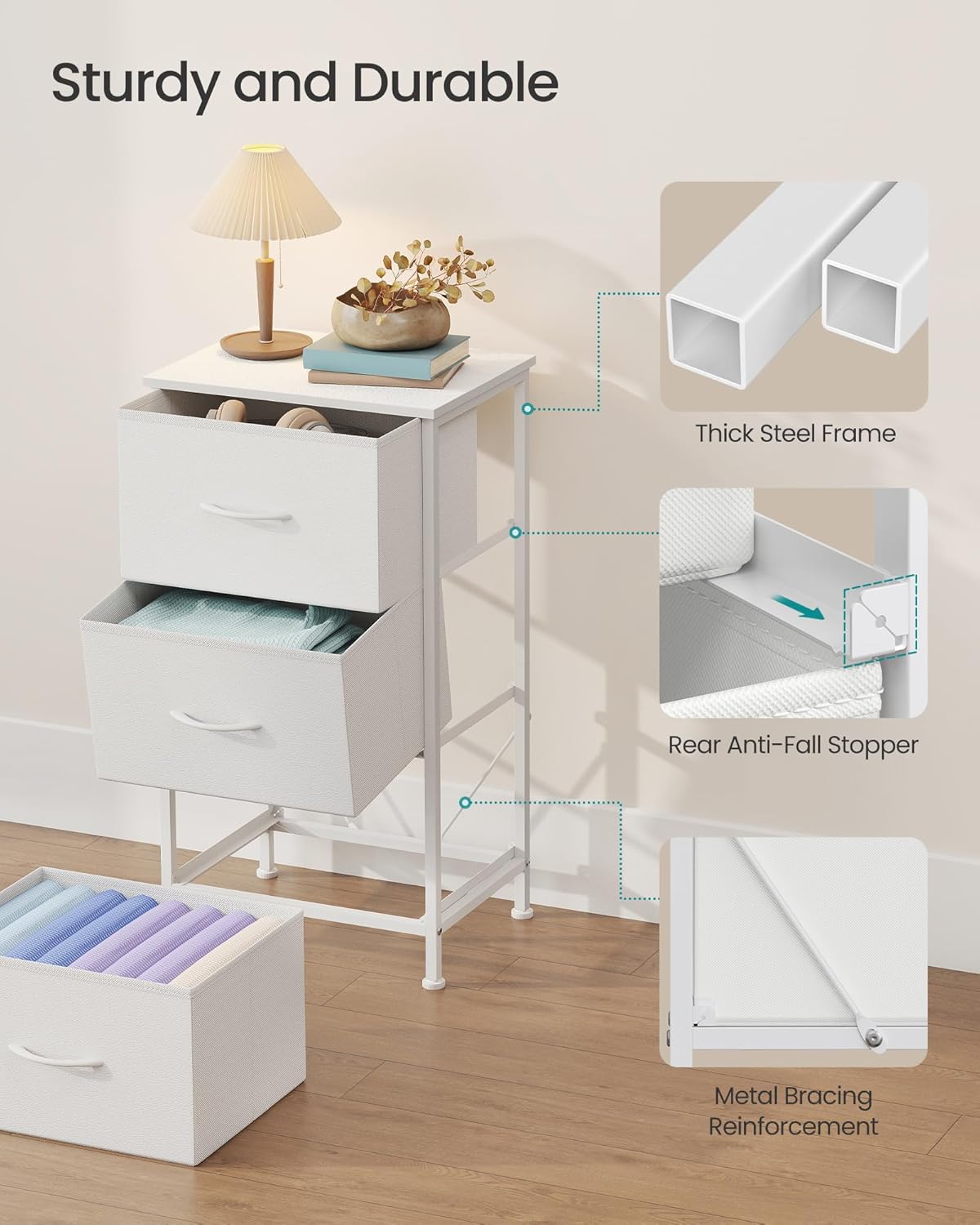 SONGMICS Dresser - Stylish Chest of Drawers with 3 Fabric Storage Bins | Cloud White & Snow White