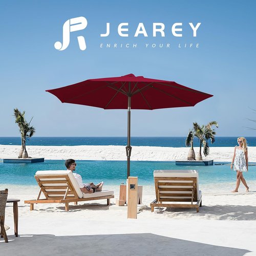 JEAREY 9FT Outdoor Patio Umbrella - Market Umbrella with Push Button Tilt & Crank | UV Protection, Waterproof, Brick Red