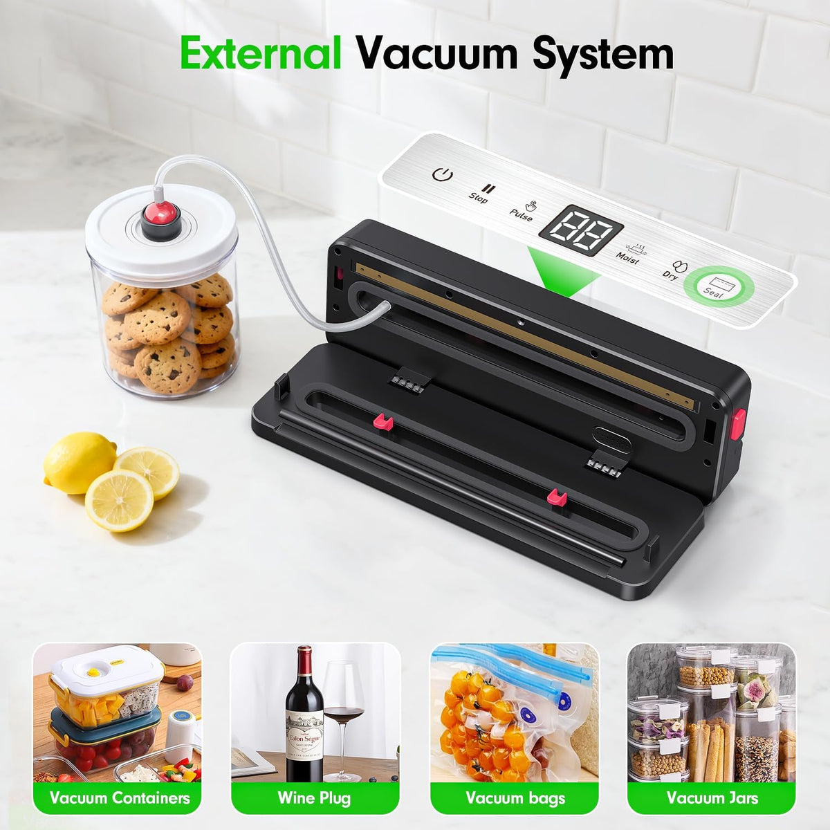Skiennix Portable Vacuum Sealer - 75kPa Suction for Food Storage | 4000mAh Rechargeable Battery, Dry & Moist Modes