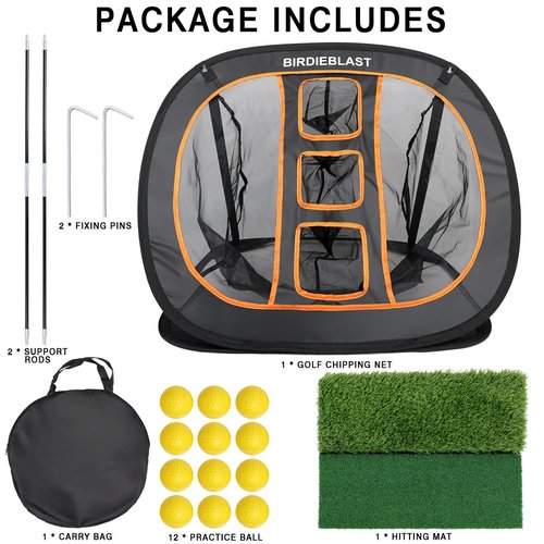 BIRDIEBLAST Professinoal Golf Chipping Net with Golf Hitting Mat,12 Practice Foam Balls and 2 Pixing Pins, for Indoor and Outdoor Target Chipping Training