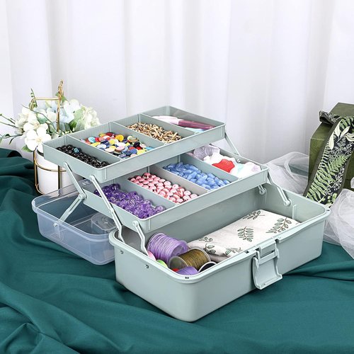 BTSKY 3-Layer Craft Organizer - Adjustable Spacers & Portable Handle - Haze Green Storage Box