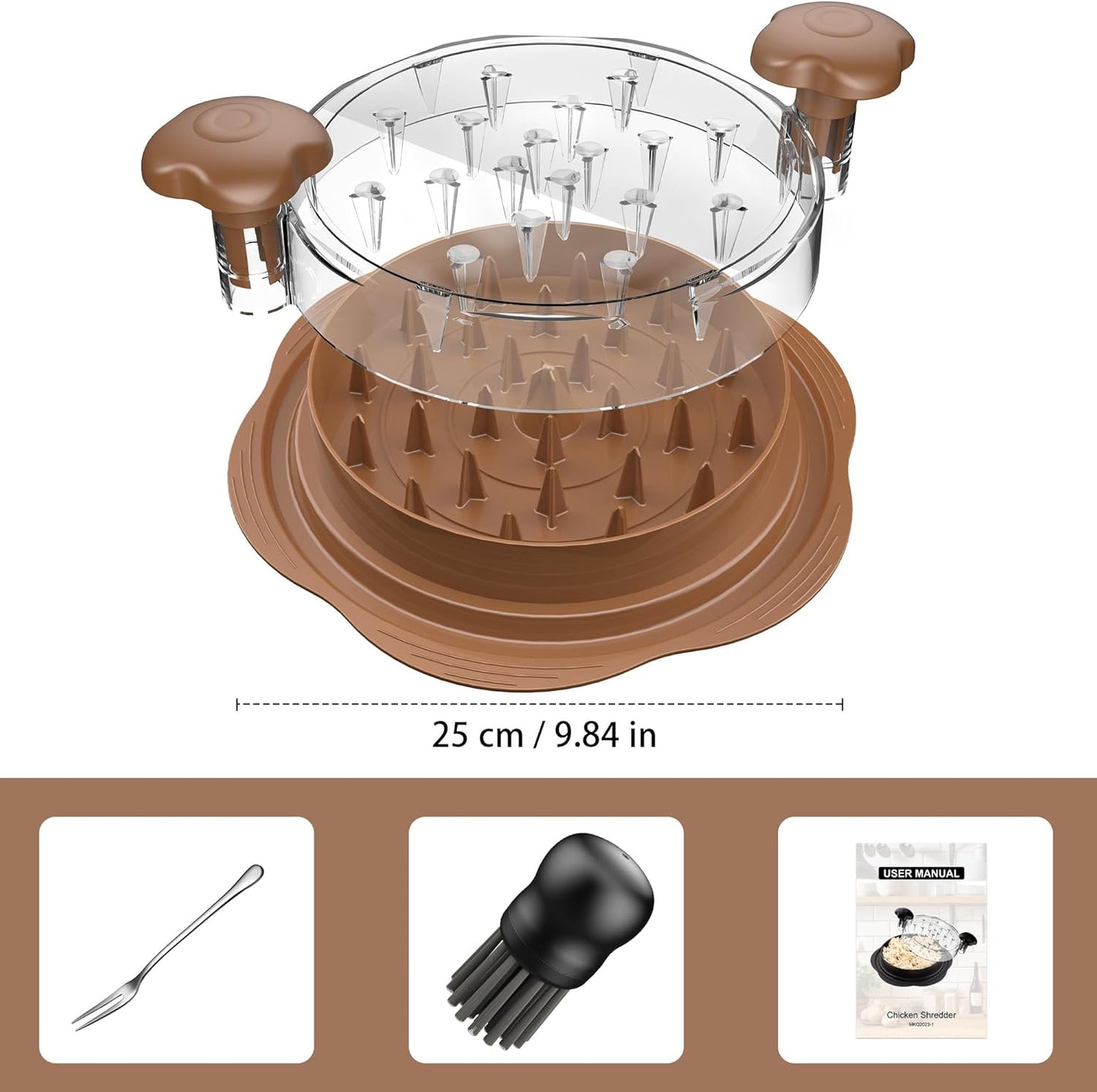 Skiennix Chicken Shredder - Ergonomic Meat Shredding Tool with Brush & Fork | BPA-Free, Brown