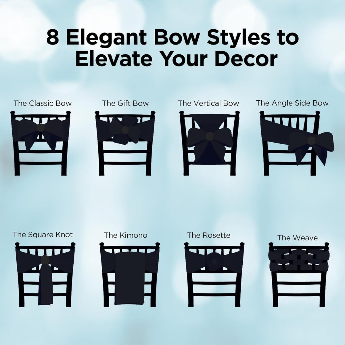 Satin Bow Sash Chair Covers - Elegant Decorations for Weddings & Events | Set of 10, Black
