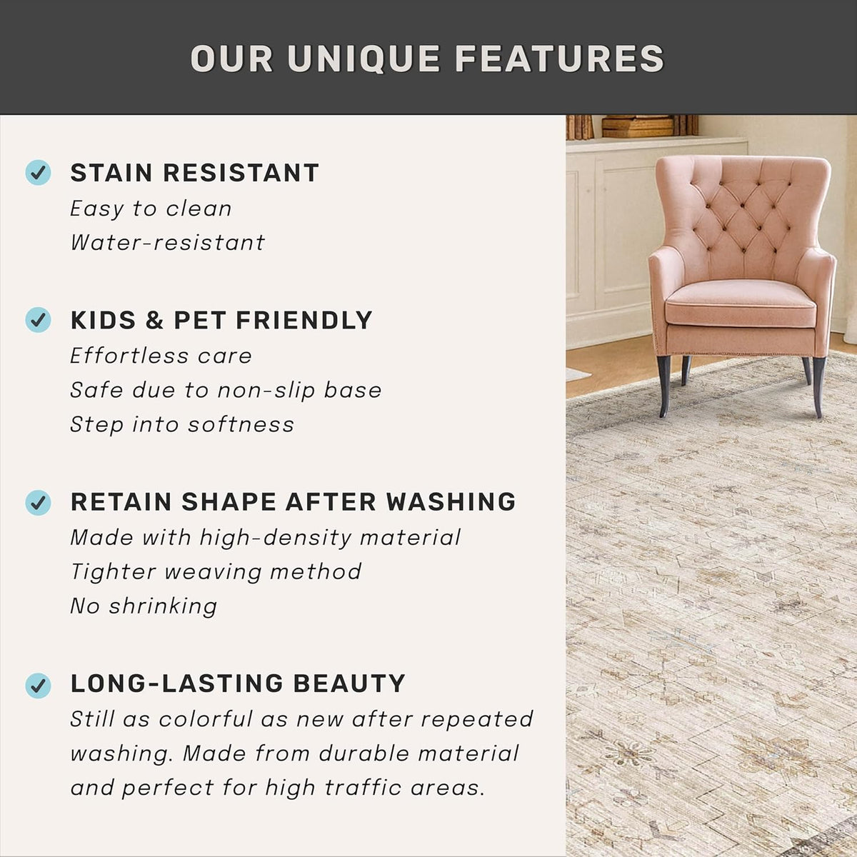 Regine Switzerland Farmhouse Area Rug - Soft Low Pile, Non-Slip Rubber Backing, 7x10, Light Beige Vintage Design