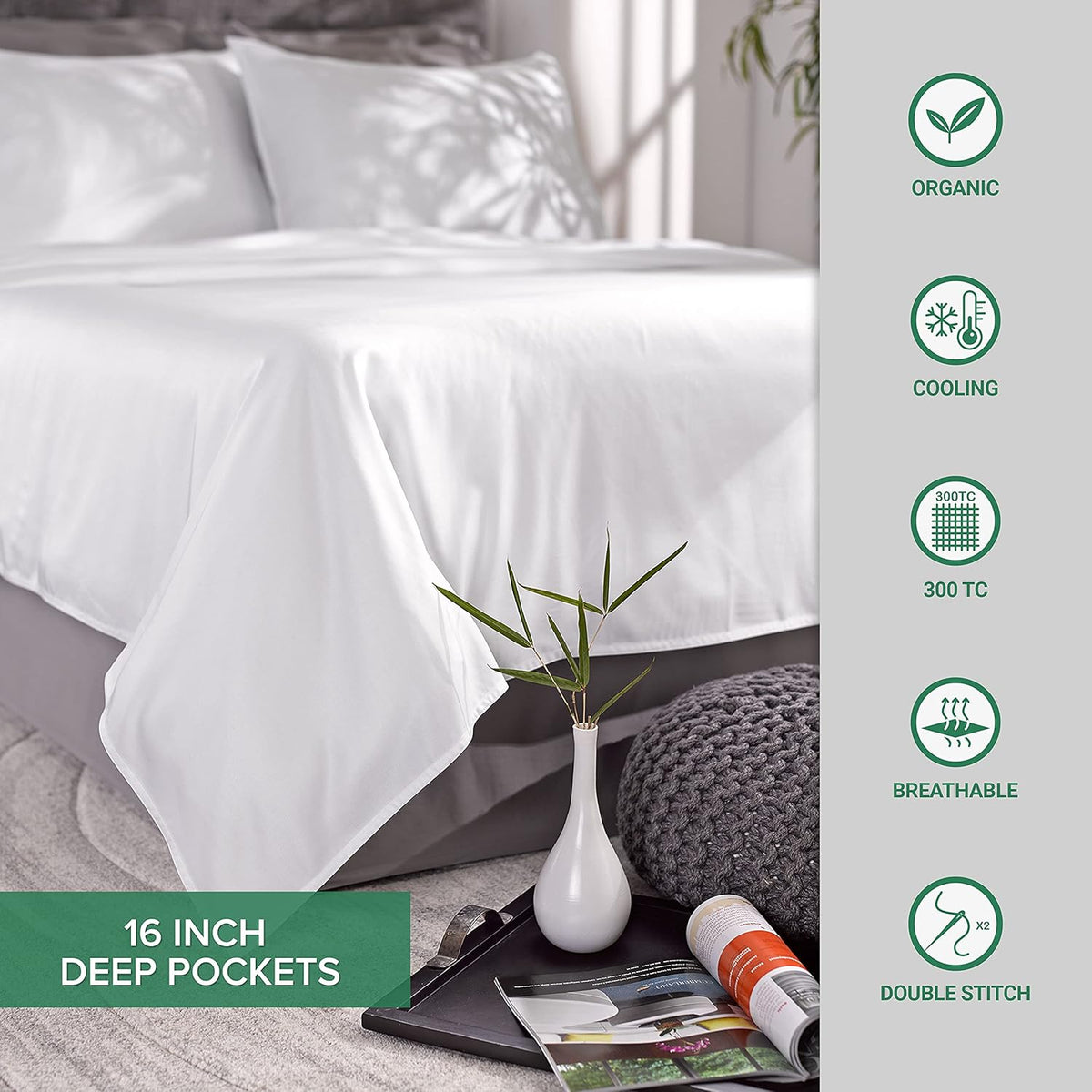 Pure Bamboo Queen Sheets - Luxuriously Soft 100% Organic Viscose Bed Sheet Set | Cooling Jacquard Stone