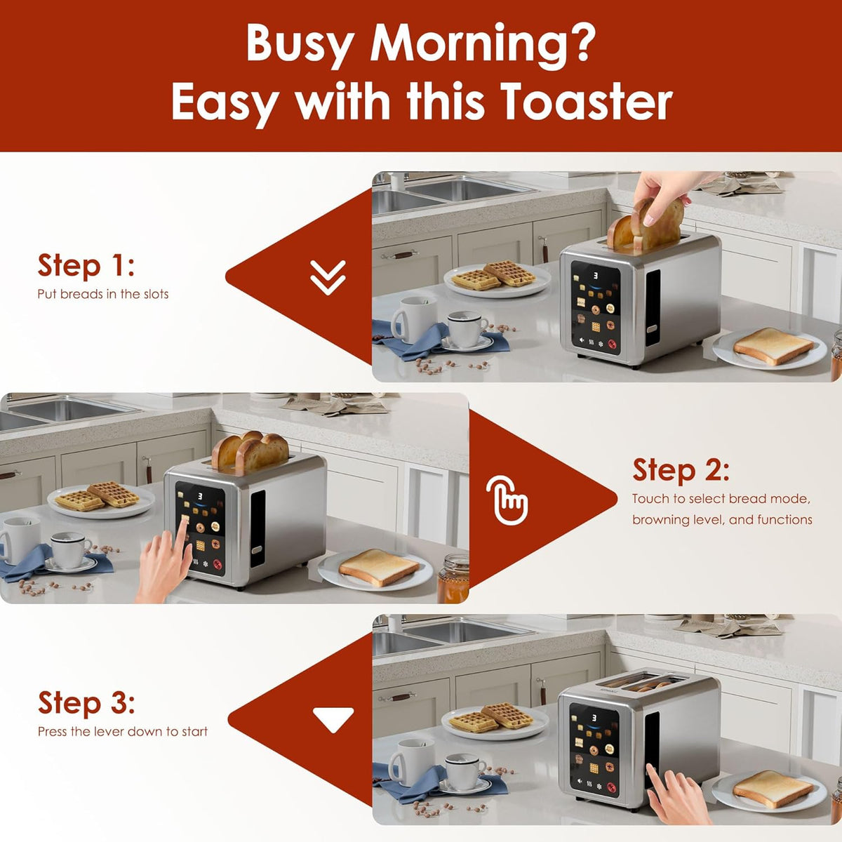 WHALL Touch Screen Toaster - 2 Slice Smart Toaster with Digital Timer & 6 Shade Settings | Silver