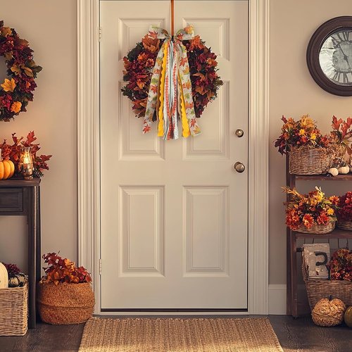 Fall Ribbon Bow - Large Orange Maple Leaves Fabric Ribbons Set | Assorted Lace Clip-On Wreath Decor