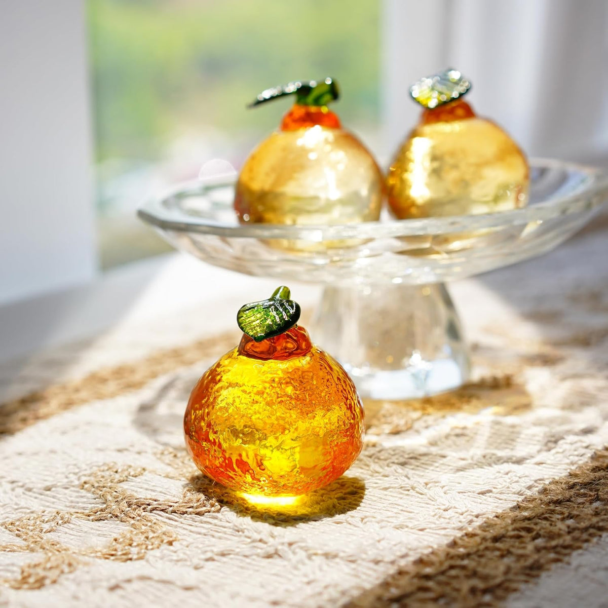 Skiennix 2-Inch Glass Orange Figurine - Hand Blown Crystal Tangerine Art Ornament for Home Decor