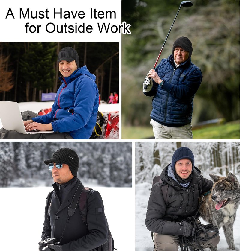 Wmcaps Winter Beanie with Brim and Ear Flaps, Outdoor Warm Fleece Lined Knit Hat Stocking Caps for Men Women Charcoal Gray