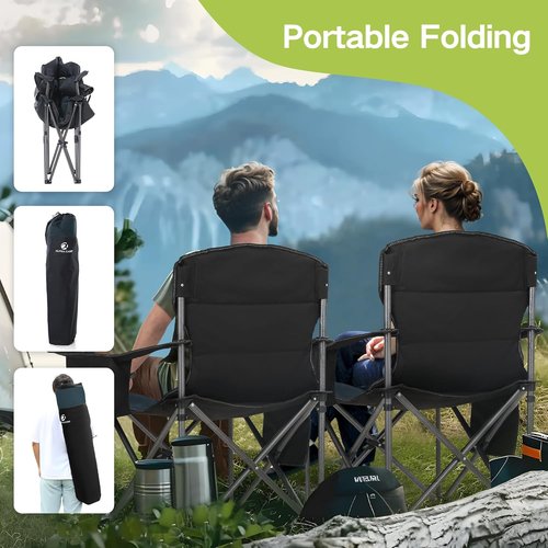 Green Party Folding Camping Chair - Oversized Heavy Duty Lawn Chair with Cooler Bag & Cup Holder | Collapsible Padded Arm Chair