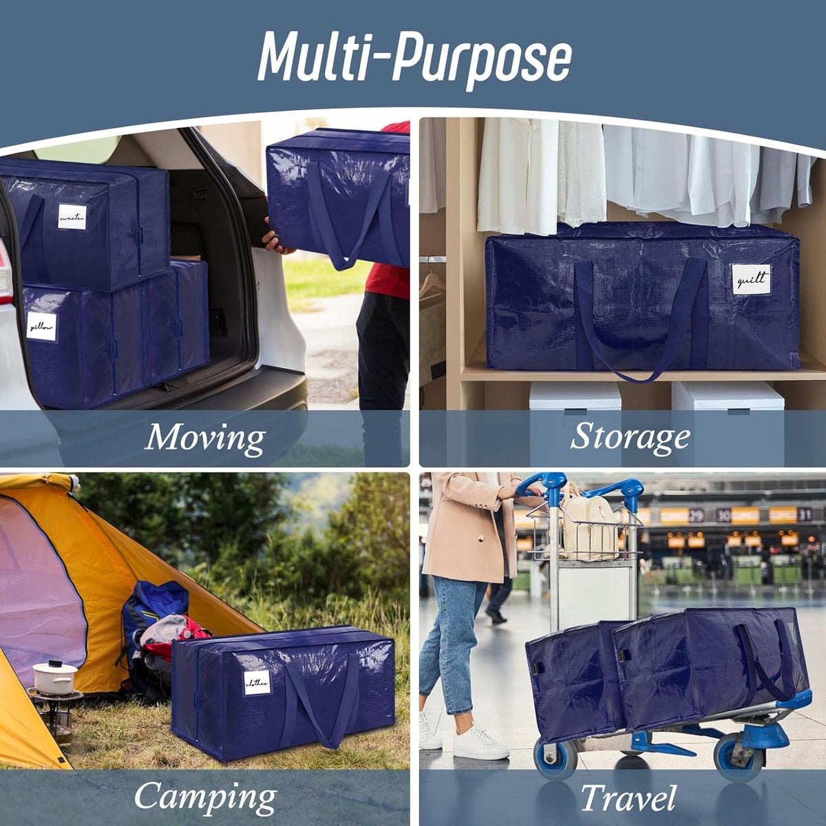 Skiennix Extra Heavy Duty Moving Bags - 12 Pack with Strong Zipper & Comfortable Handles | Dark Blue Storage Totes