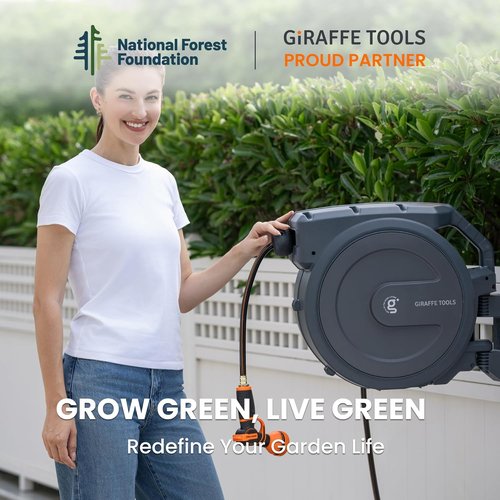 Giraffe Tools Retractable Garden Hose Reel - 5/8 Inch x 90 Ft | Wall Mounted with 180° Swivel Bracket & 9 Pattern Nozzle
