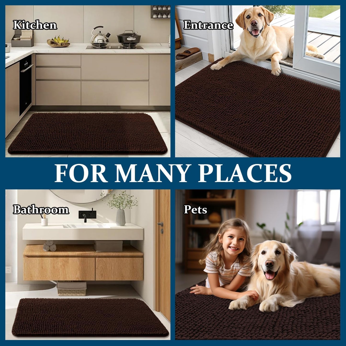 OLANLY Dog Door Mat - Absorbent Non-Slip Mud Mat for Dogs | Quick Dry Chenille, 50x30, Brown