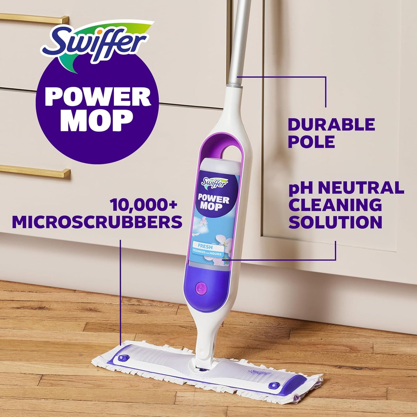 Swiffer PowerMop Multi-Surface Mop Kit - Fresh Scent Cleaning Solution & 2 Mopping Pad Refills