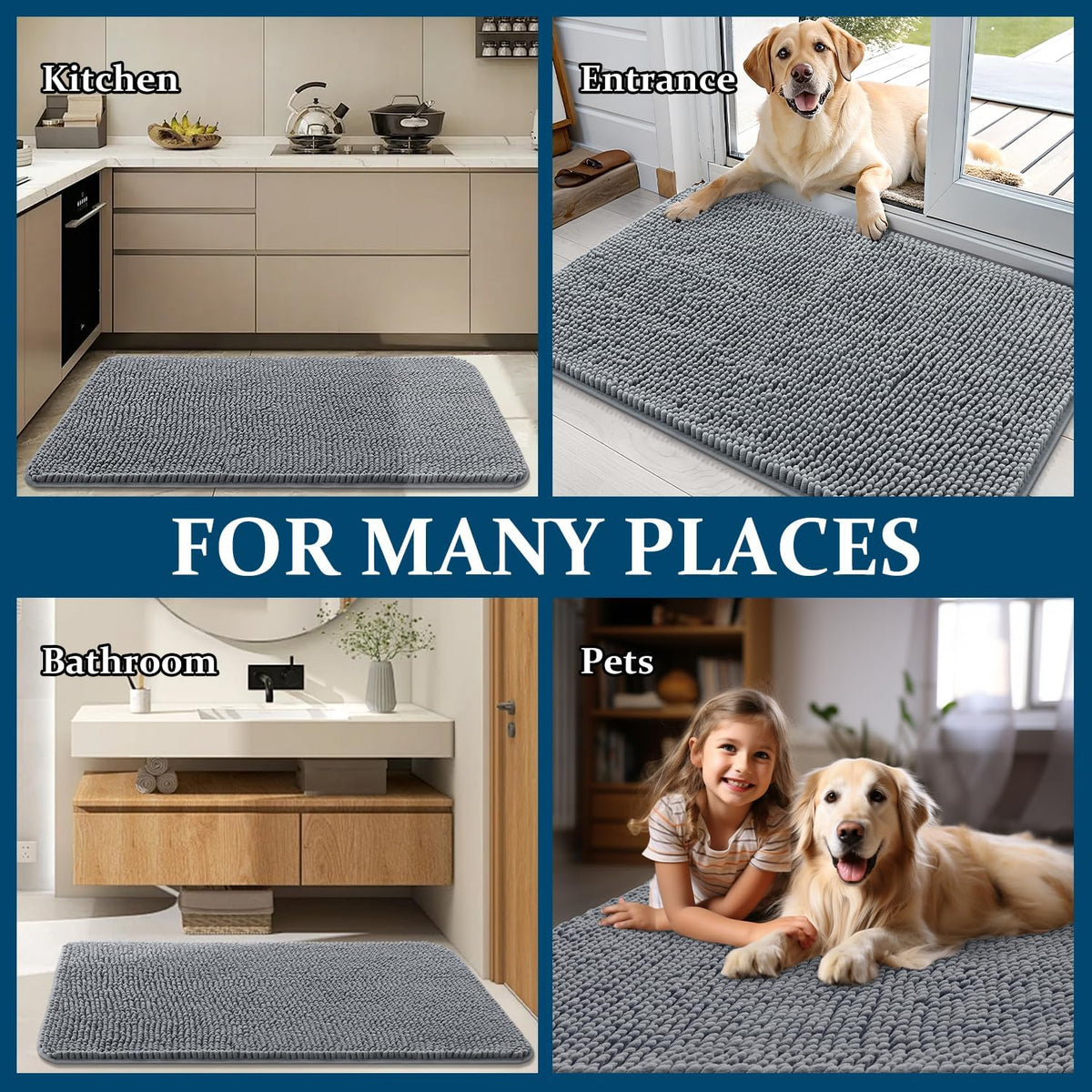 OLANLY Dog Door Mat Set - 4-Piece Absorbent Non-Slip Washable Doormat | Quick Dry Chenille Mud Mat, 30x20, Grey