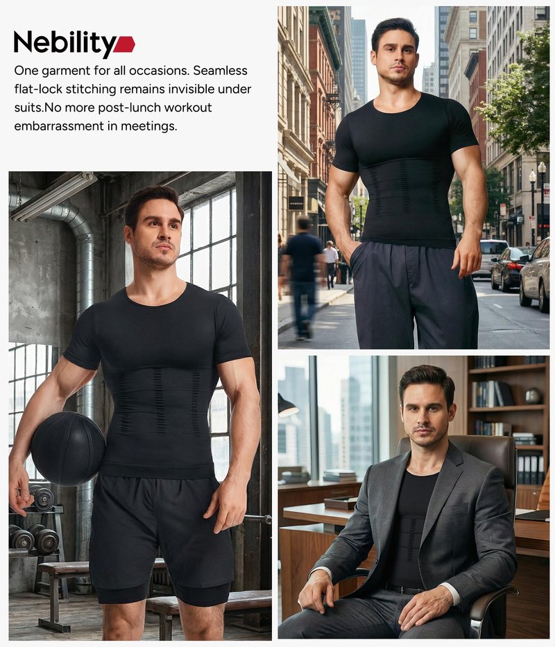 Nebility Mens Compression Shirt - Shapewear Men Slimming Undershirts Black Short Sleeve Sports Athletic Workout Shaper Tank Tops Running Basketball
