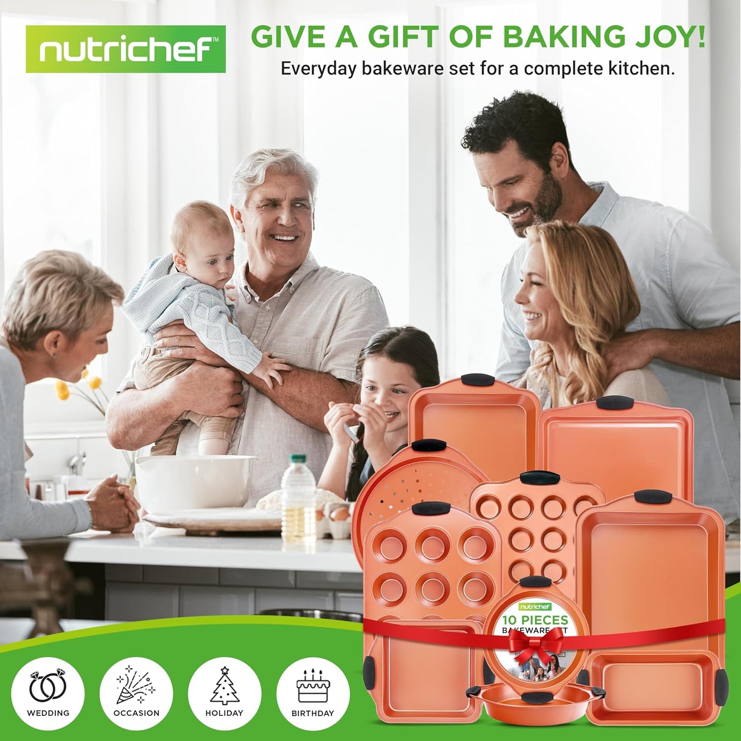 NutriChef 10-Piece Nonstick Baking Pans Set | Versatile Bakeware for Cookies, Cakes & Roasting
