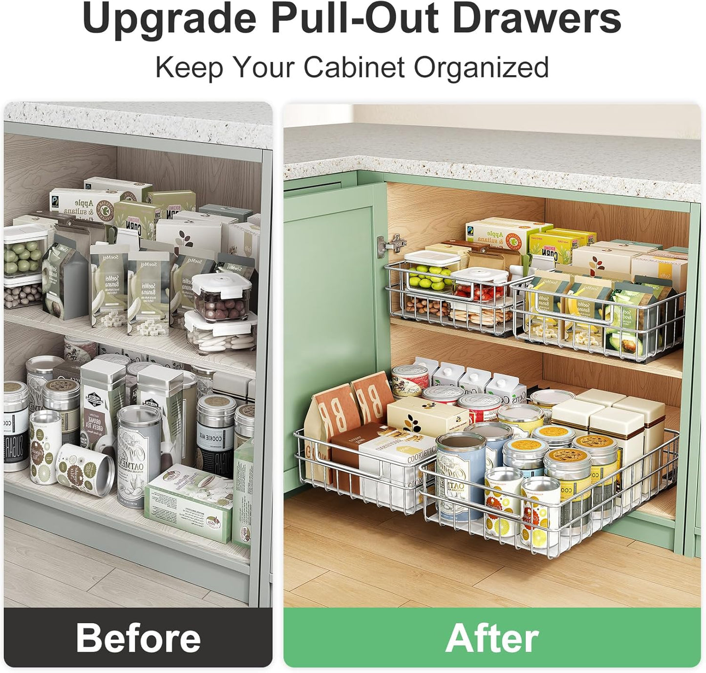 Pull Out Cabinet Organizer - Stainless Steel 2-Pack Slide-Out Drawers with Silent Full-Extension Slides | Versatile Spice Storage for Kitchen, Pantry, and Bathroom