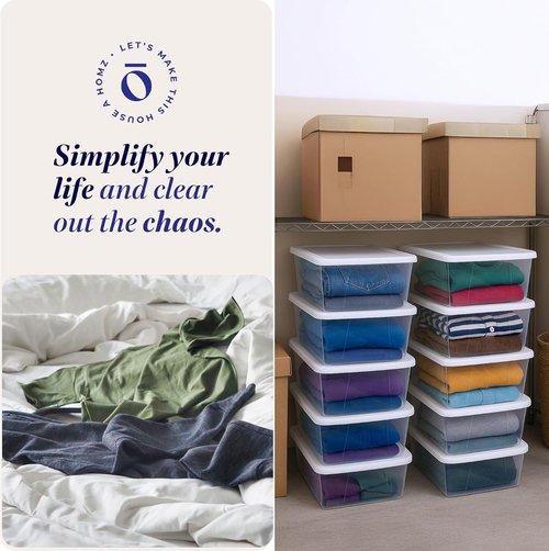 HOMZ 10-Pack Snaplock Storage Organizer Bins - Clear Plastic Containers with Lids, 6 Quart, White | Stackable for Home & Office