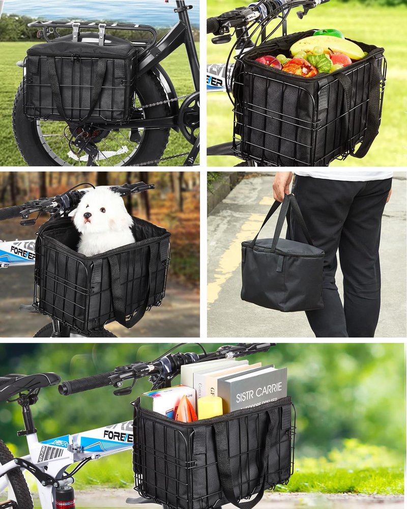Zacro Metal Bike Basket Front Large Folding Ebike Bicycle Basket with Removable Liner Bag, Quick Release Design for Adult Women/Men Carrying Dogs, Pets, Fruit & Grocery