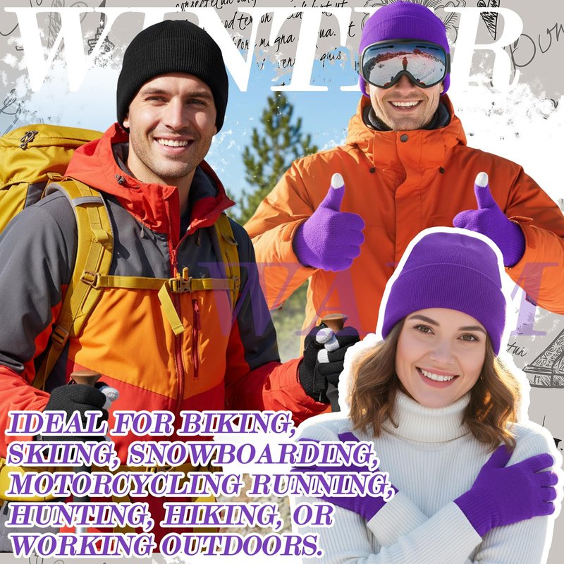 Tivi Tovo 4 Pcs Winter Knit Beanie Hat and Touchscreen Gloves Set for Women Men Warm Acrylic Cap and Gloves Set(Black, Purple,Knit)