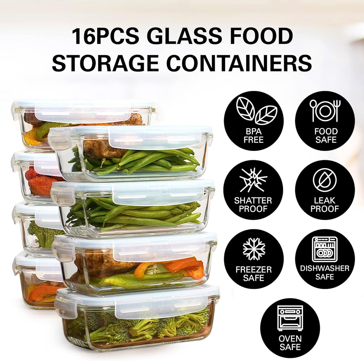 Razab 30 Oz Glass Meal Prep Containers - 16 Pc Set | Airtight, Leak-Proof, BPA-Free, Oven & Dishwasher Safe