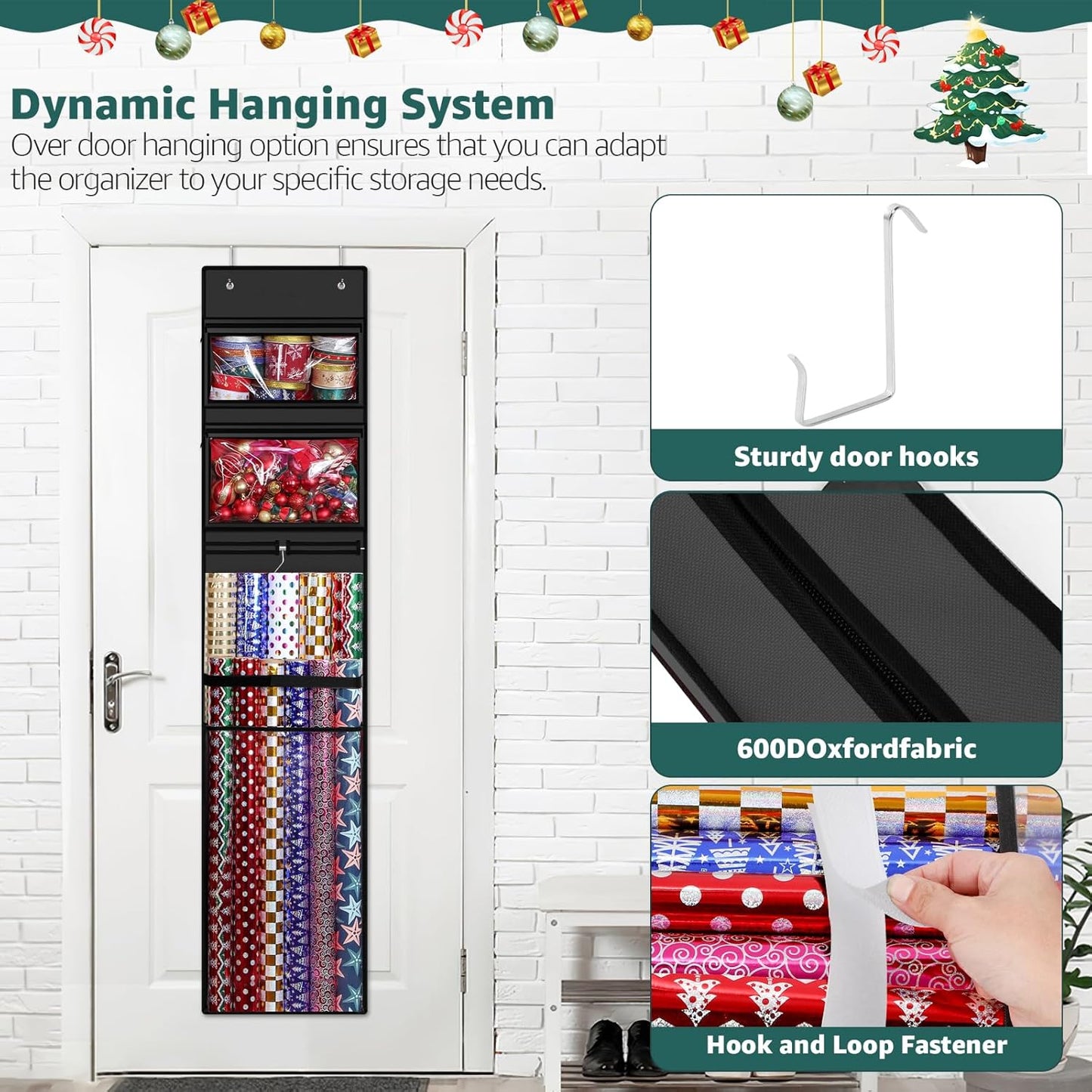 Woodoulogy Wrapping Paper Organizer - Double-Sided Gift Wrap Roll Holder | 63"x13" Over Door Storage - Black