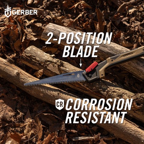 Gerber Gear Bushcraft Saw - Portable Camping Saw for Cutting Wood - Versatile Outdoor Tool w/Ergonomic Handle - 2-Position Blade - Chrome-Plated