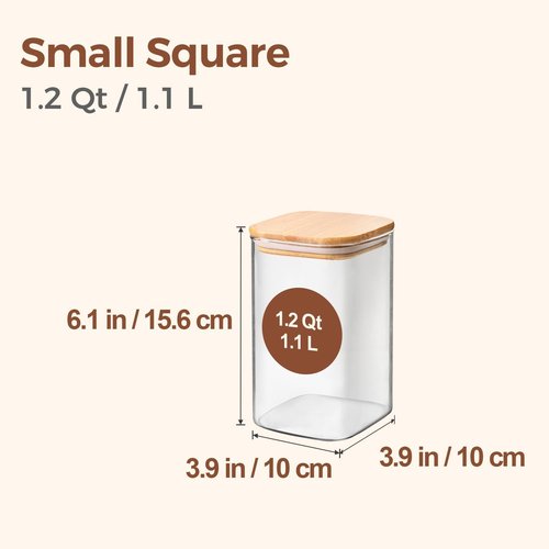 ComSaf Glass Storage Containers - 1.2 QT Clear Jars with Lids | Set of 2 Square Canisters for Pantry Organization