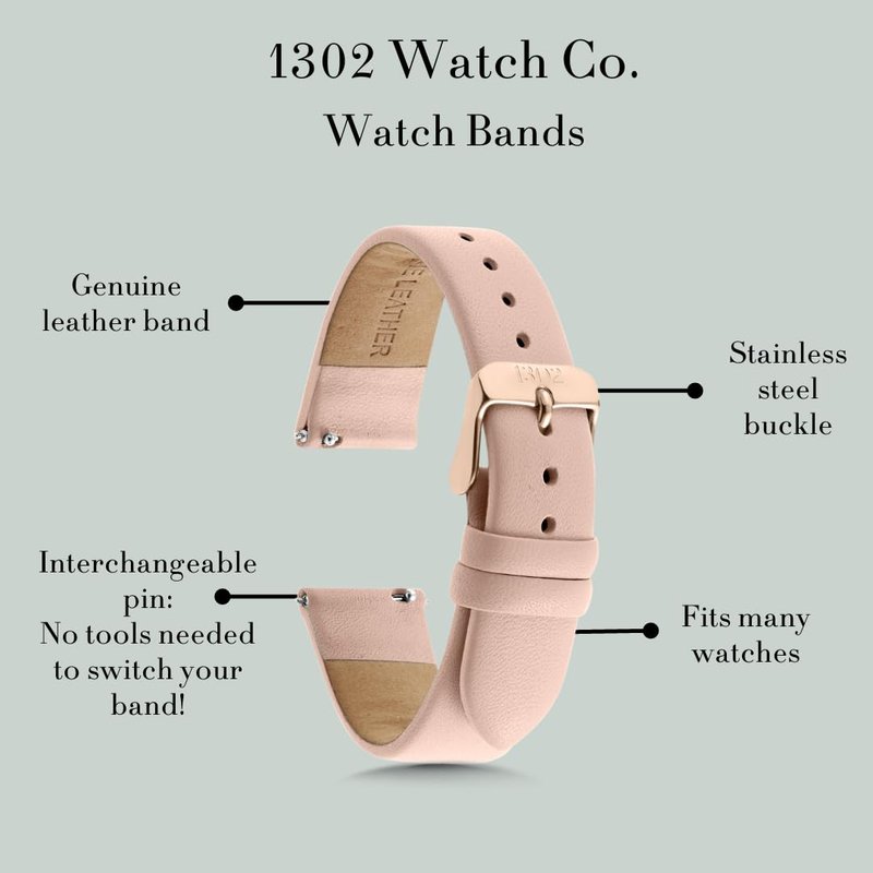 1302 Leather Watch Bands for Women and Men, Quick Release Watch Band, 12mm,14mm,16mm,18mm,20mm and 22mm Easy Interchangeable Strap (Nude/Rose Gold Buckle, 16mm)