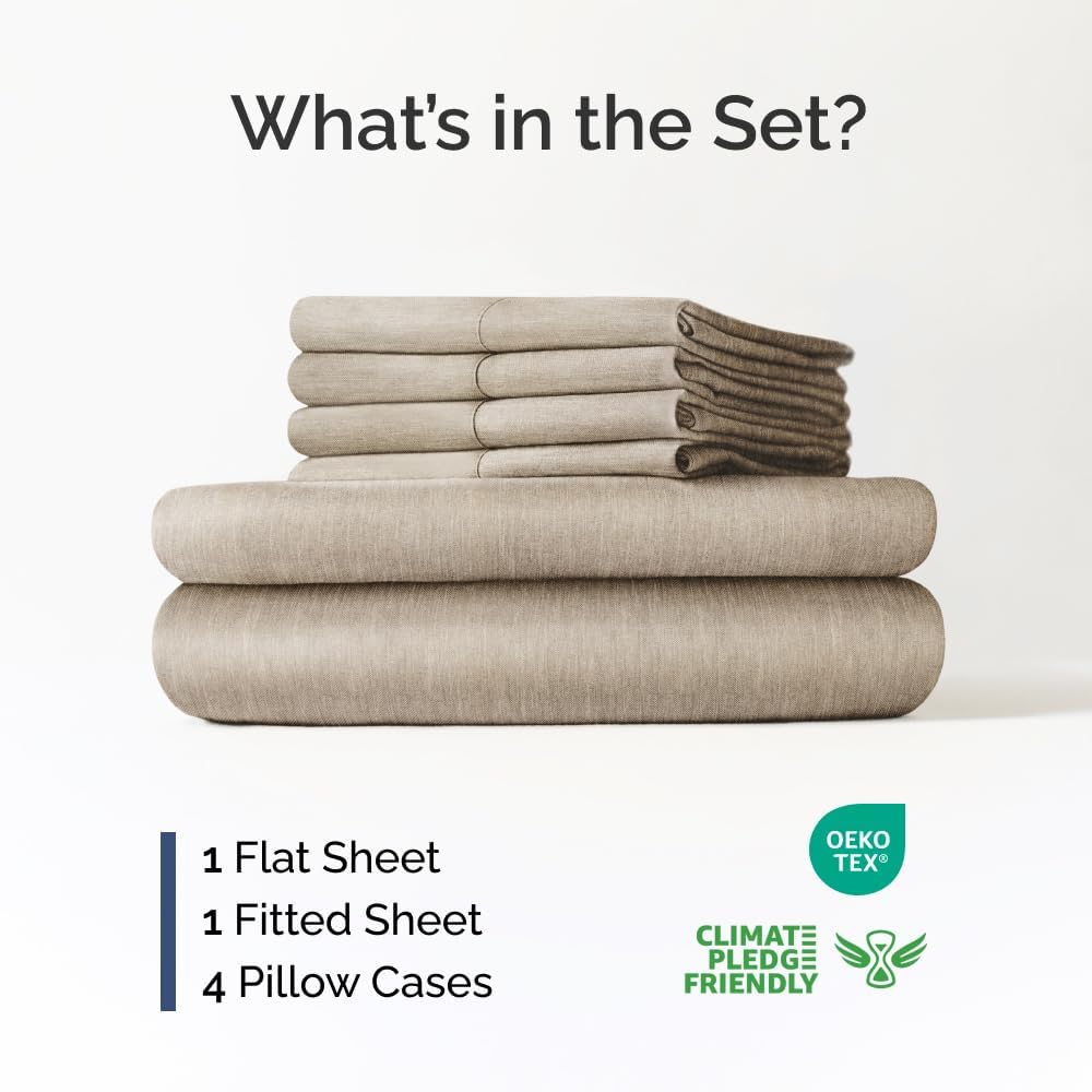Skiennix Extra Deep Full Sheet Set - 6 Piece Breathable Cooling Bedding - Soft Wrinkle-Free Heathered Beige