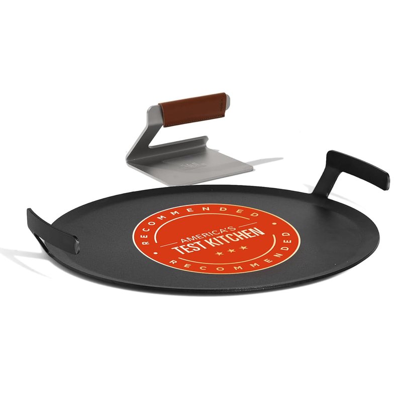 Made In Cookware | Seasoned 17" Round Carbon Steel Griddle + Grill Press - (Like Cast Iron, but Better) | Professional Cookware | Crafted in Sweden | Induction Compatible