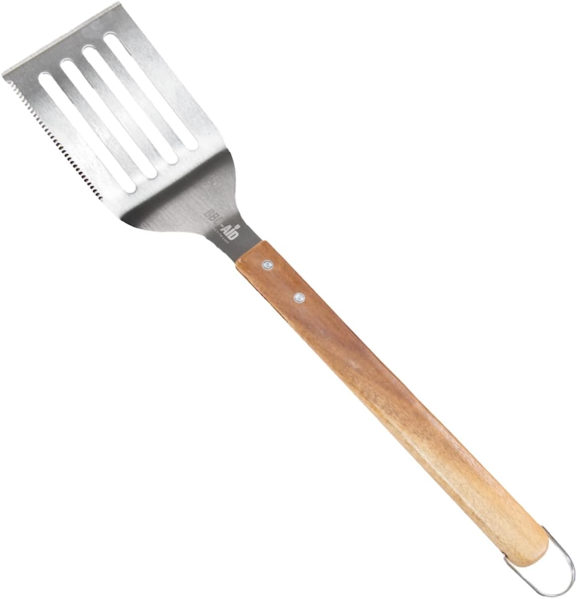 BBQ-AID Pro BBQ Metal Spatula - 17" Stainless Steel Spatula with Serrated Edge & Acacia Wood Handle