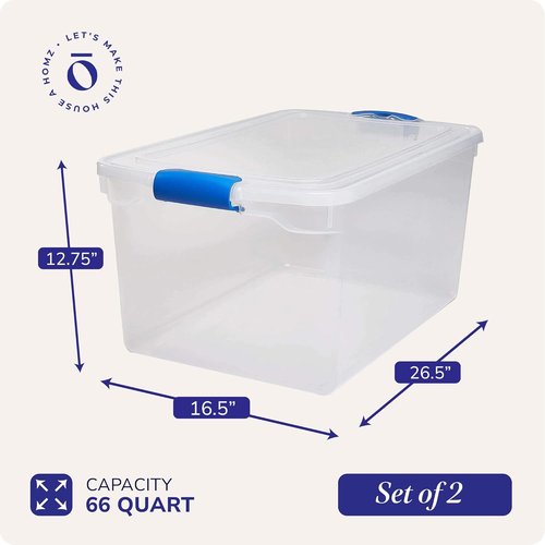 HOMZ Large Clear Plastic Storage Bins - 2-Pack 66 Quart Stackable Containers with Latching Lids for Home & Office