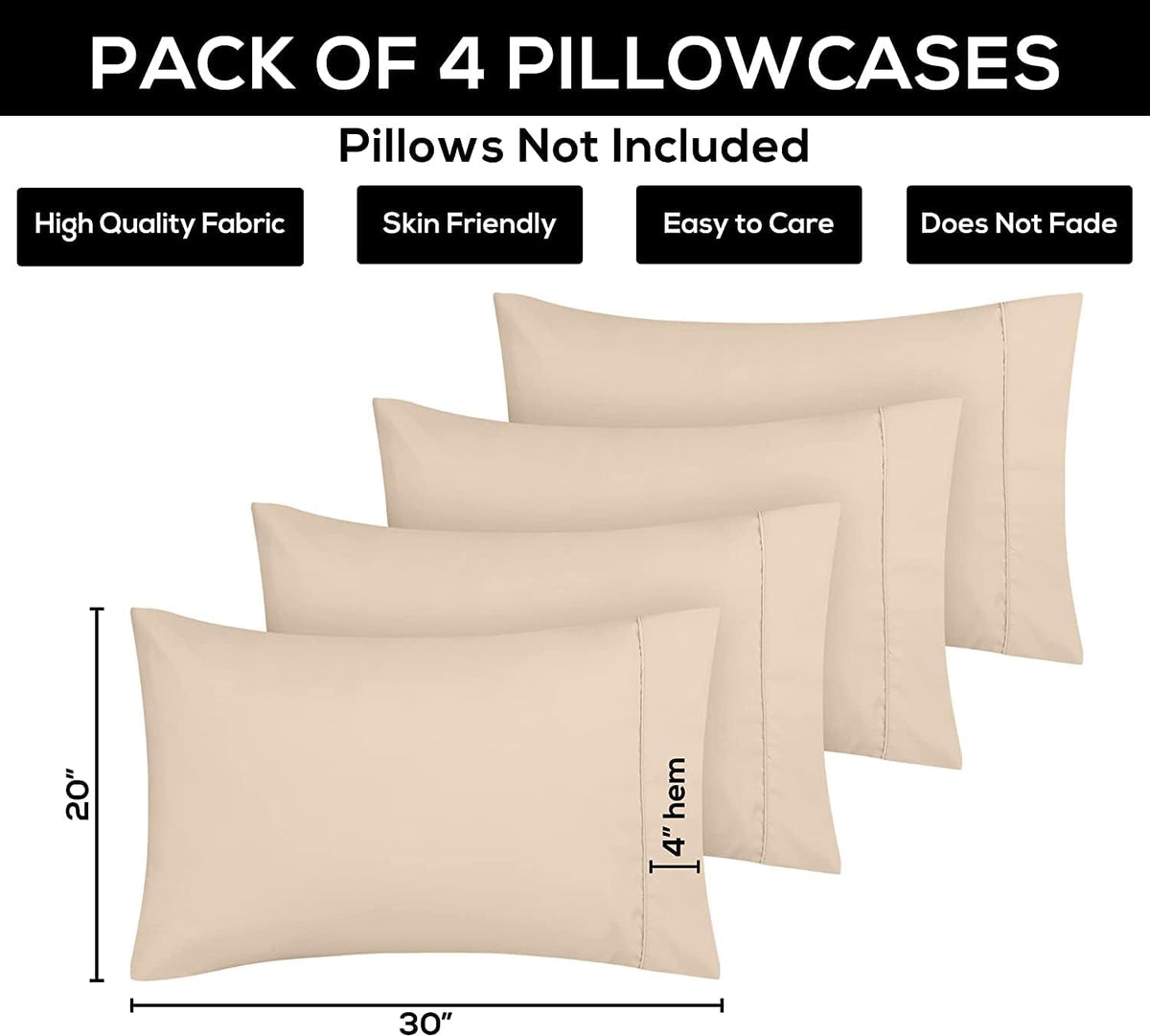 Utopia Bedding Queen Pillow Cases - Soft Brushed Microfiber - 4 Pack, Fade Resistant | 20 X 30 Inches, Beige