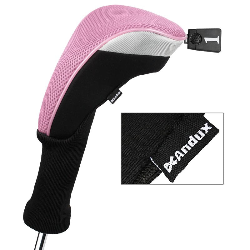 Andux 5pcs/Set Mesh Golf 460cc Driver Fairway Wood Club Head Covers Long Neck with No. Tags Black/Pink