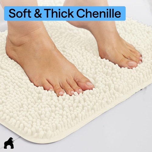GORILLA GRIP Bath Rug Mat - Thick Soft Absorbent Chenille | Quick-Dry Microfiber, 24x17, Ivory