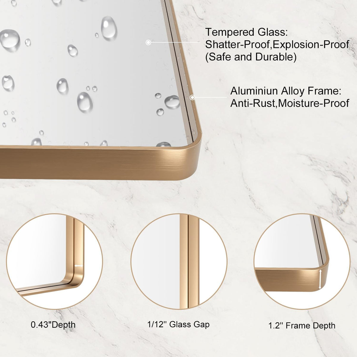 LOAAO Gold Bathroom Mirror - 36”X36” Rounded Rectangle Design | Anti-Rust Tempered Glass, Wall-Mounted