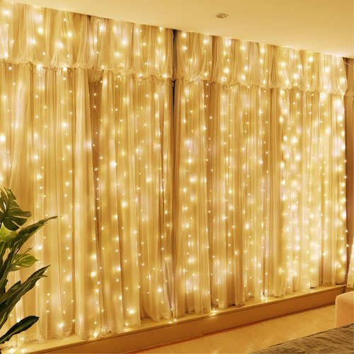 HXWEIYE 300L Curtain Lights - Plug-In & 6 Pack Rechargeable Fairy Lights with Remote & Timer