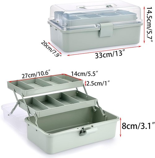 BTSKY 3-Layer Craft Organizer - Adjustable Spacers & Portable Handle - Haze Green Storage Box