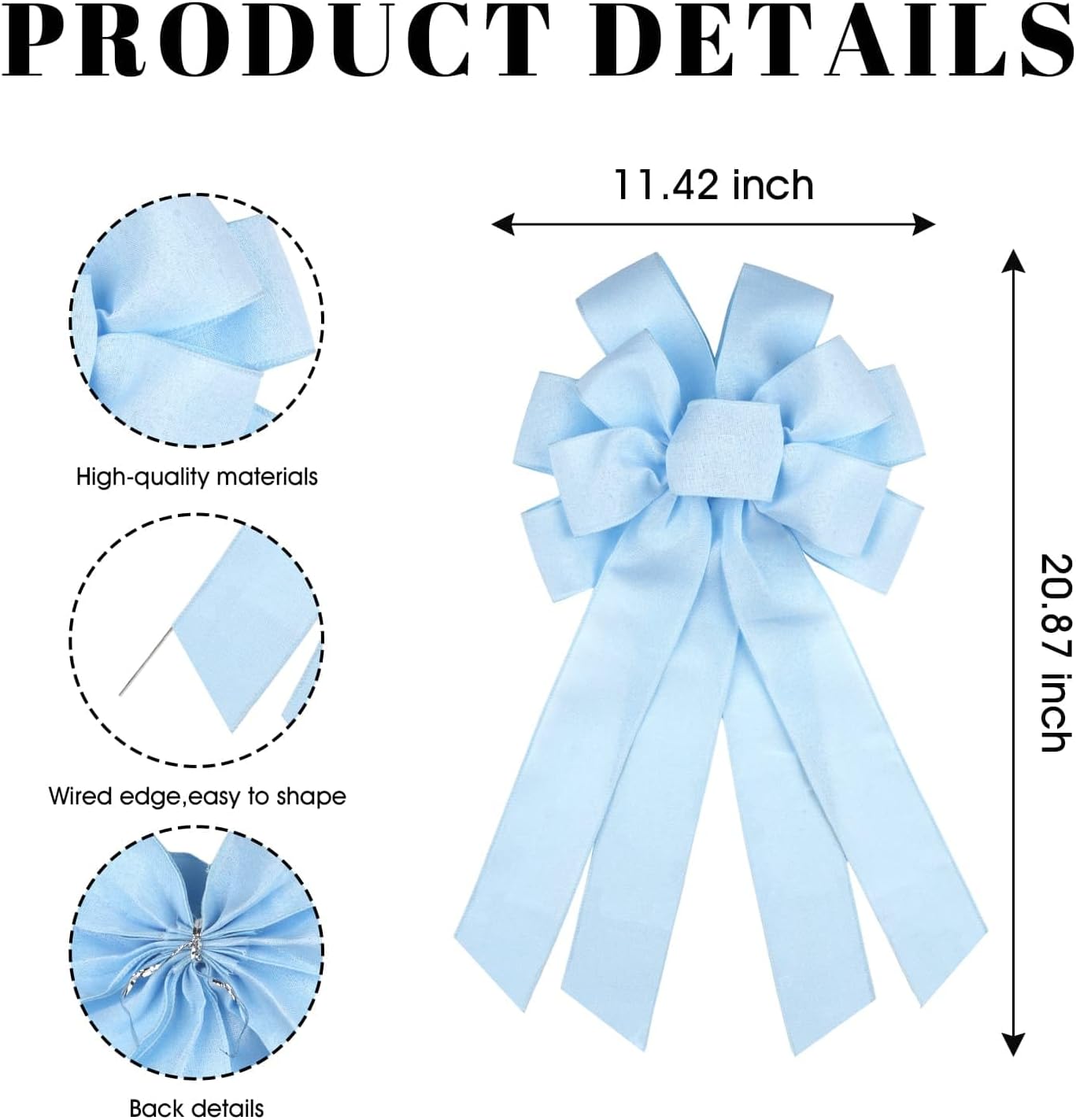Skiennix Baby Blue Large Bow - 11x21 Inch Linen Texture Wired Ribbon for Wreaths & Decor