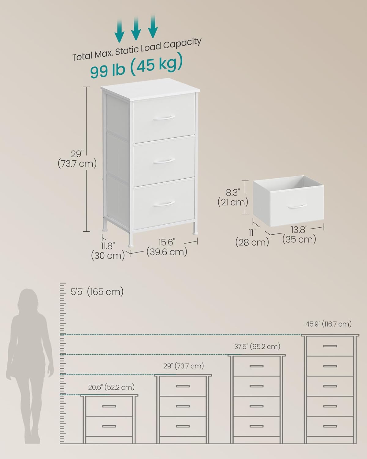 SONGMICS Dresser - Stylish Chest of Drawers with 3 Fabric Storage Bins | Cloud White & Snow White