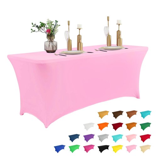 IVAPUPU 8FT Table Cloth for Rectangular Fitted Events Stretch Pink Table Covers Washable Cover Spandex Tablecloth Protector for Party, Wedding, Cocktail, Banquet, Festival